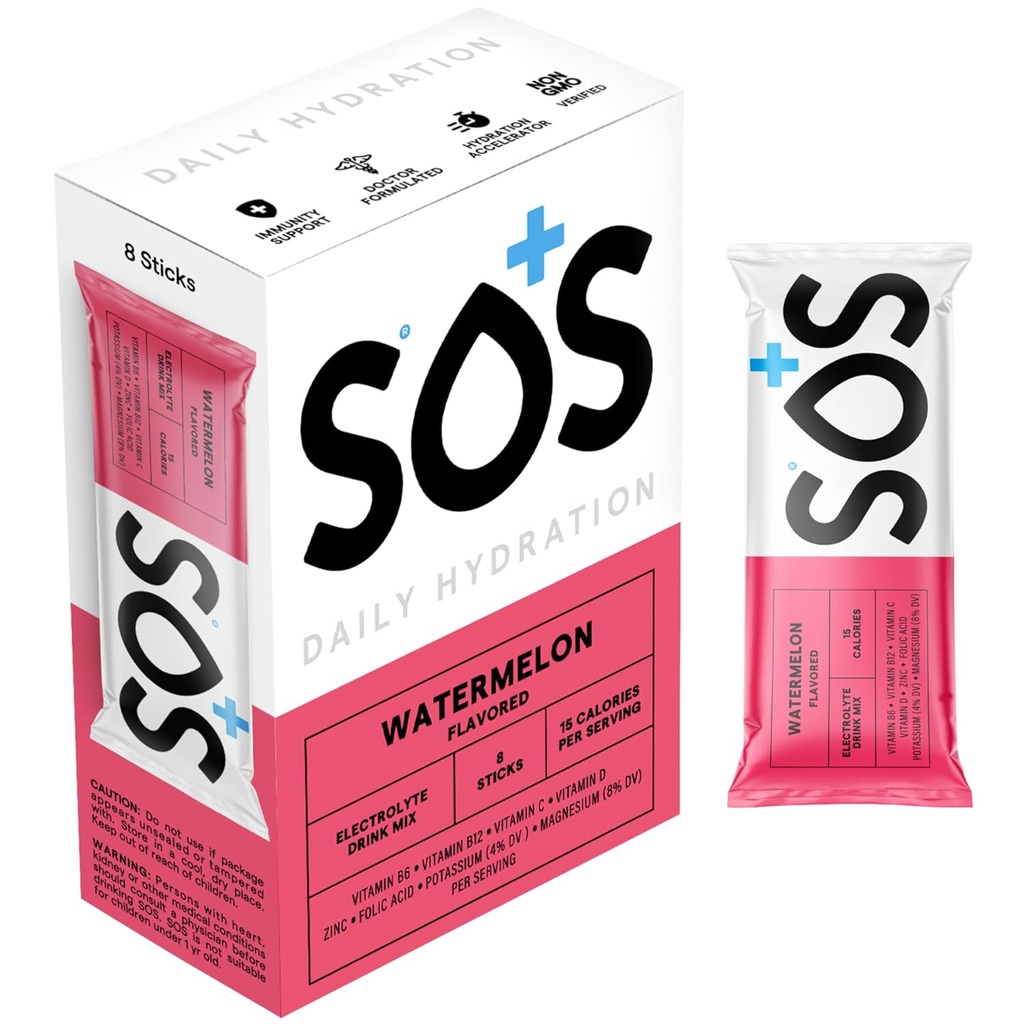 SOS Hydration Electrolyte Powder Packets, Watermeloen smaak, 8 Stick Packs 