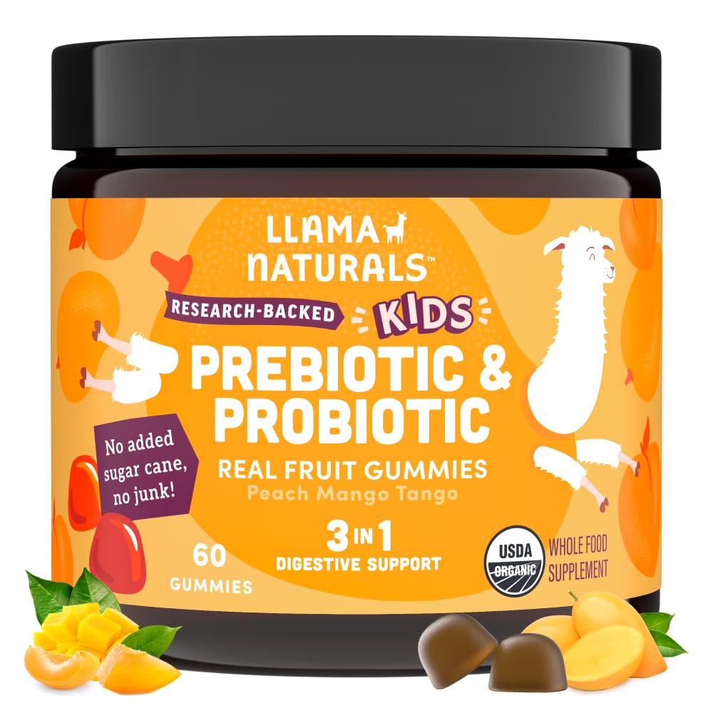 Llama Naturals Kids Probiotic met Prebiotic Fiber, Vegan, Biologische Prebiotica en Probiotica Gummies voor Gut Health Ondersteuning, Peuter Real Fruit Gummy Vitaminen, Geen Toegevoegd Suiker Cane, Peach Mango, 60 Ct