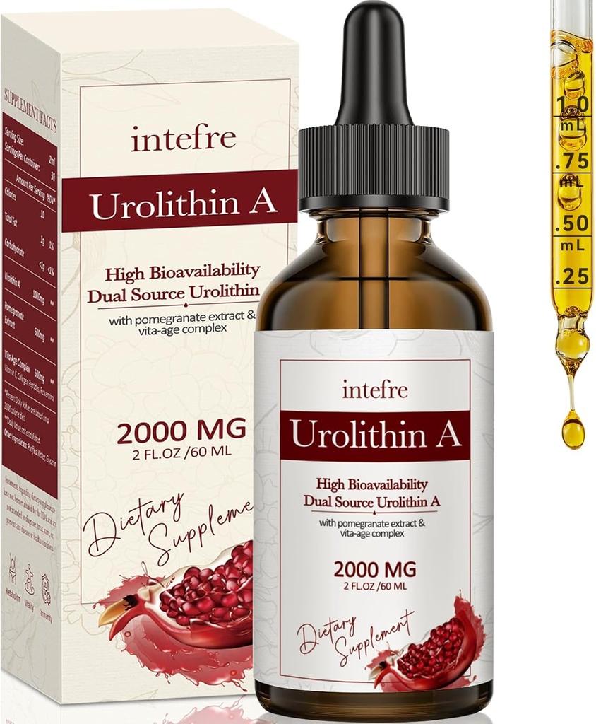 Urolithine Une goutte liquide 2000mg, Urolithine Un supplément avec extrait de grenade, complexe Vita-Age, soutient le vieillissement en santé et la réparation cellulaire, 60ml