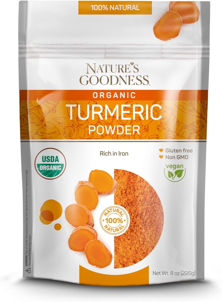 Natures Bonneté Poudre de curcuma biologique pur Curcuma à base d'épicéa de racine cru Végétalienne Curcumine assaisonnement riche en vitamines et antioxydants naturels
