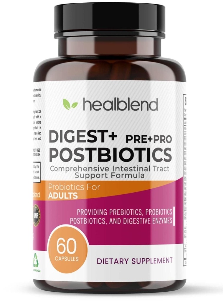 Digest + Postbiotica Supplement voor vrouwen en mannen, Multi Enzymen, Biologische Prebiotica & Probiotica voor de spijsvertering gezondheid met bromeline, Papin en Lipase, Non-GMO, Glutenvrije, 60 Vegetarische Caps
