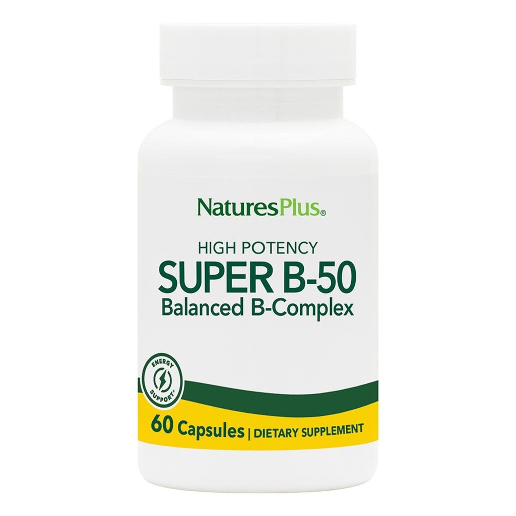 NaturesPlus Super B50-60 Capsules végétariennes - Supplément de vitamine complexe High Potency B - Booster de cerveau et d'énergie - Sans gluten - 60 portions