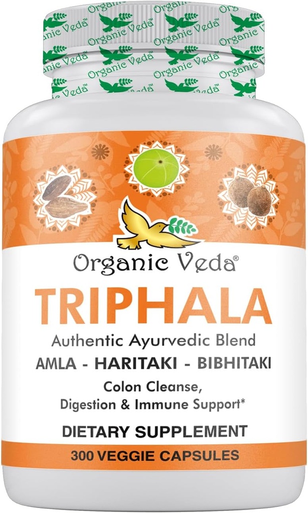 Bio Veda Triphala Poudre 300 Capsules, 1000mg - Supplément de Triphala biologique pour le nettoyage des colonies, l'immune, le gut et la santé de la digestion - Antioxydants verts entiers Amla, Haritaki et Bibhitaki - Pills végétaliens