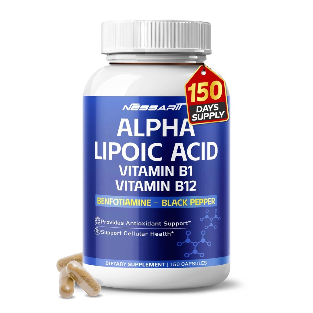 Alpha Lipoïnezuur Hoge Potentie met Vitamine B1, Vitamine B12, Benfotiamine, Ubichinol, Black Pepper - Ondersteuning Cellular Health - 150 Tel - Made & Tested in The USA