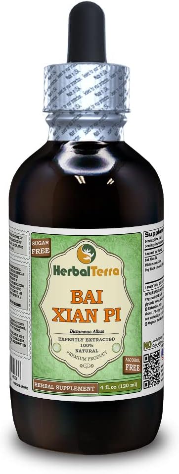 Bai Xian Pi (Dictamnus Albus) Glycérite, racines séchées Extrait liquide sans alcool (marque : HerbalTerra, fièrement fabriqué aux États-Unis) 4 fl.oz (120 ml)