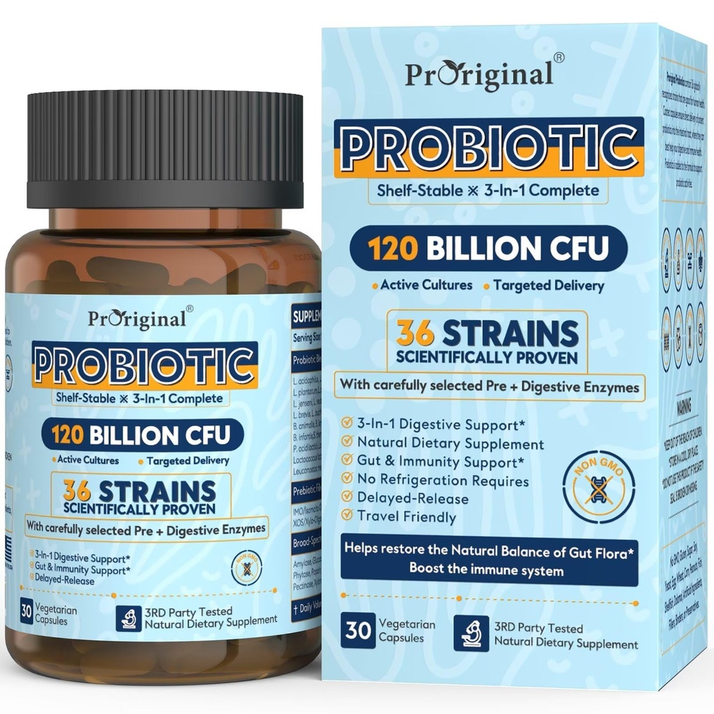Probiotiques pour les femmes et les hommes 120 milliards d'UCF avec 36 souches probiotiques pour la santé digestive et la santé gustative, Capsules à libération différée, Résistant à l'acide estomac, Pas besoin de réfrigération 30 capsules