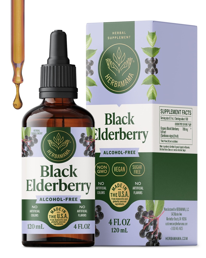 HERBAMAMA Black Elderberry Drops - Extrait liquide végétalien d'aillier pour le soutien immunitaire - Supplément sans OGM, sans alcool et sans sucre, approvisionnement de 42 jours