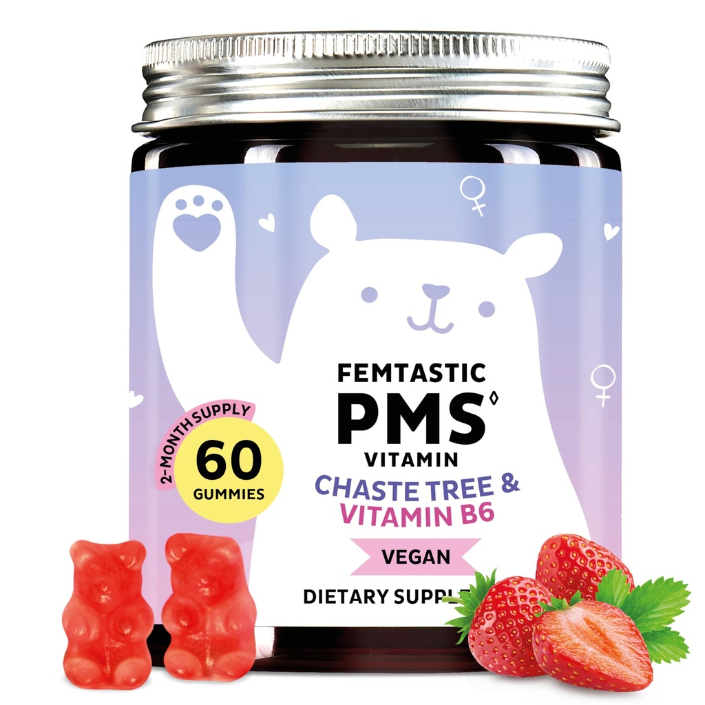 PMS Ondersteuning Supplement voor Vrouwen. Menstruele Relief Gummies richten op Hormonale Breakouts, Bloating, Periode Krampen, & Mood Swings. Veganistisch, met vitamine B6 & Citroenbalsem, 60 Gummies
