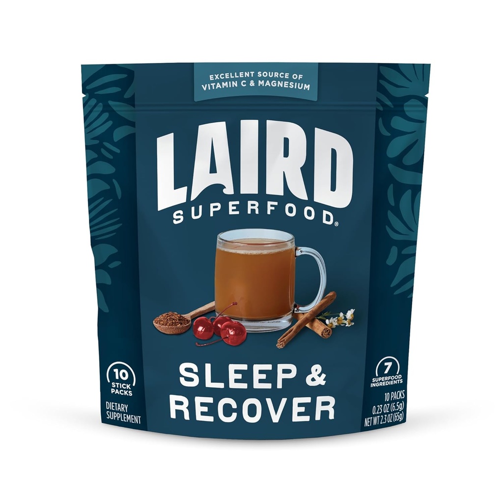 Laird Superfood Sleep & Recover, Bedtime Powdered Drink Mix Supplément calmant pour soutenir la relaxation et le sommeil avec Tart Cherry et Camomile, 0.3 Oz Packet, Pack de 10
