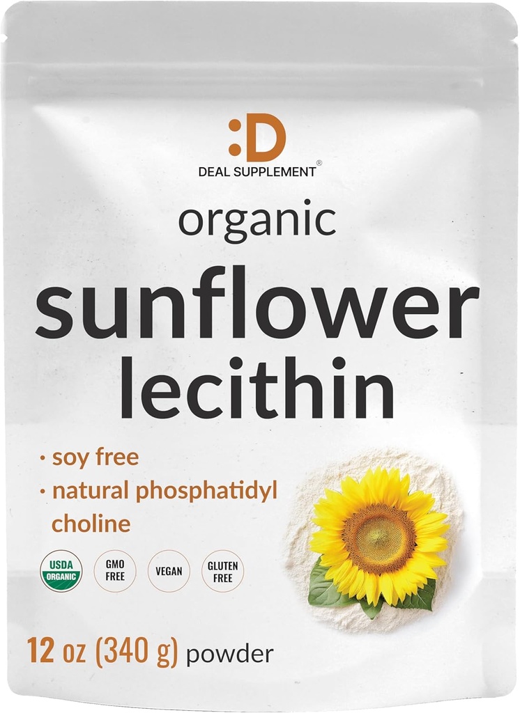 Poudre de lécithine de tournesol biologique, 12 oz – Sans soja, à base de plantes, naturellement présent Phosphatidyl Choline – Supplément d'allaitement pour les femmes – Non-OGM