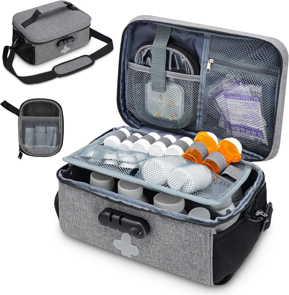 Pillen Flessen Organisator Zak met Combinatie Slot, Vergrendelbare Medicine Bag Organisator, Reis Geneeskunde Organisator met Portable Small Pouch, Medicine Lock Box voor Prescription Flessen met Schouder Strap