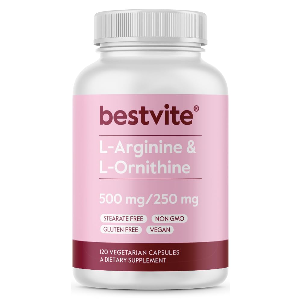 BESTVITE L-Arginine L-Ornithine 500-250 (120 Vegetarische Capsules) - No Stearates - No Fillers - Vegan - Non GMO - Glutenvrij - No Calcium Silicate