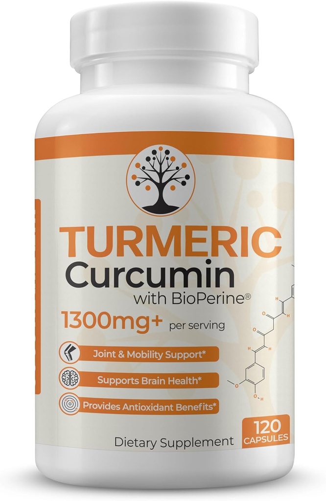 Supplément curcuma avec 95 % de curcuminoides normalisés et extrait de poivre noir - Avantages antioxydants - 120 capsules véganes