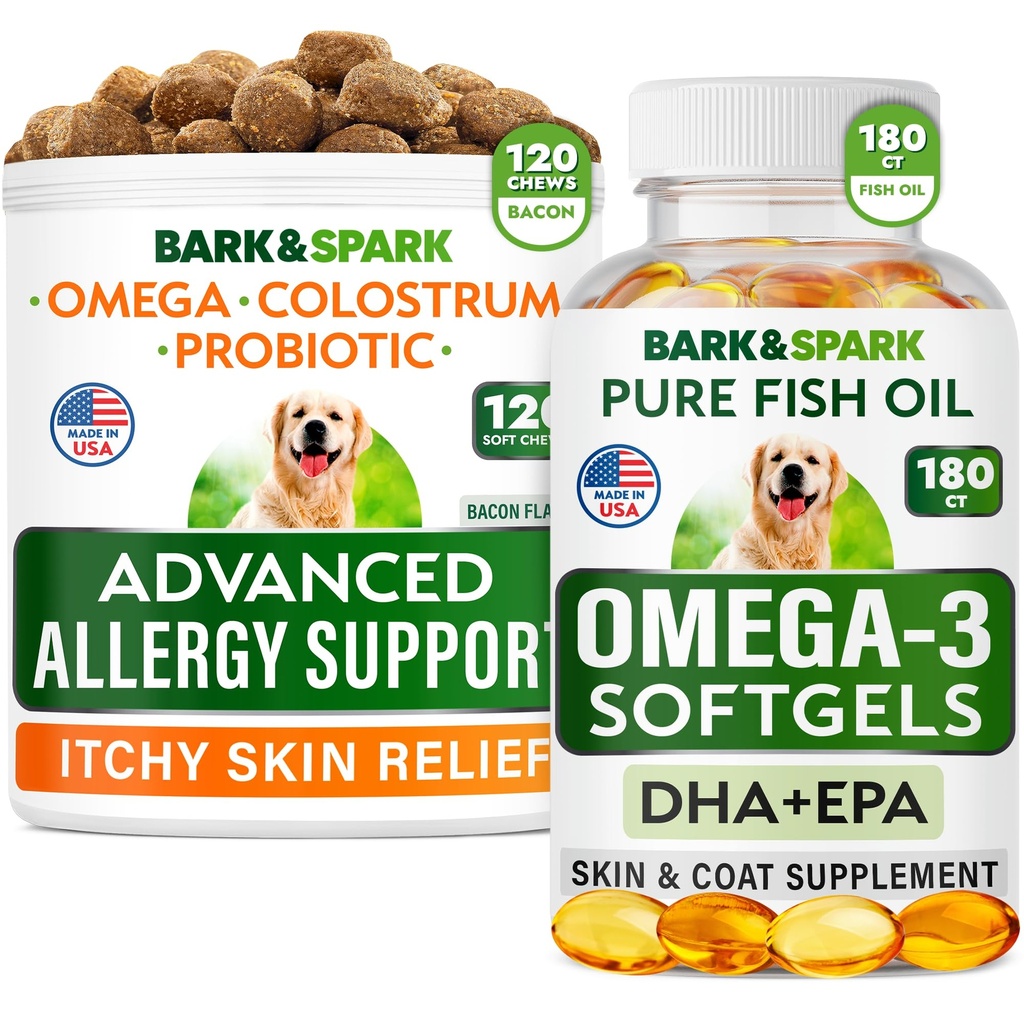 Allergie avancée pour chien + Omega 3 Ensemble - Démangeaison - Probiotiques avec huile de poisson Omega 3 + Acide gras EPA&DHA - Allergies cutanées + Santé articulaire - 120 Chews + 180 Softgels - Bacon + Saveur de poisson - Fabriqué aux États-Unis