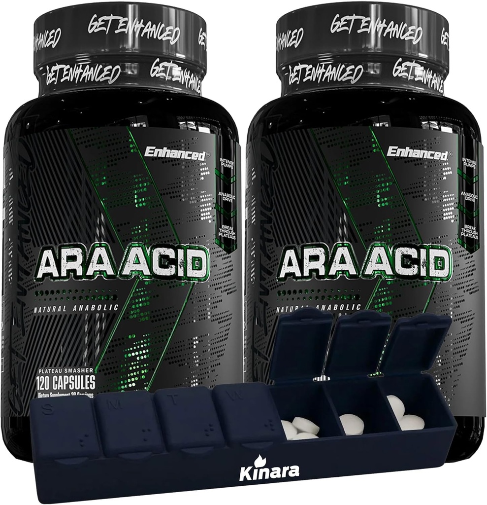 Athlète amélioré - Supplément acide arachidonique - Supplément musculaire et de force pour la masse musculaire accrue et amélioration du rétablissement pour les hommes et les femmes (120 capsules) - 2 packs avec organisateur de pilule Kinara