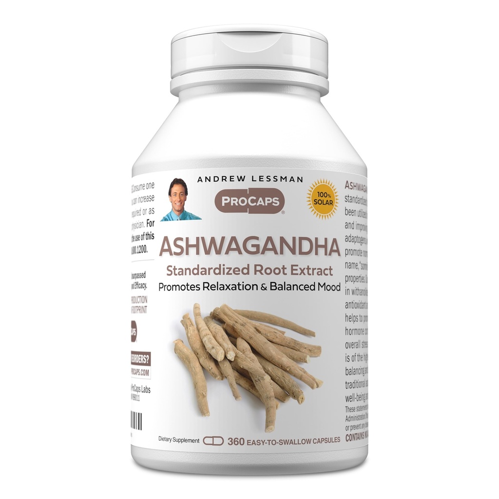 ANDREW LESSMAN Ashwagandha 360 Capsules - Standaard Ashwagandha Extract. Bevordert ontspanning, positieve stemming, algehele welzijn en vitaliteit. Klein Makkelijk doorslikken Capsules