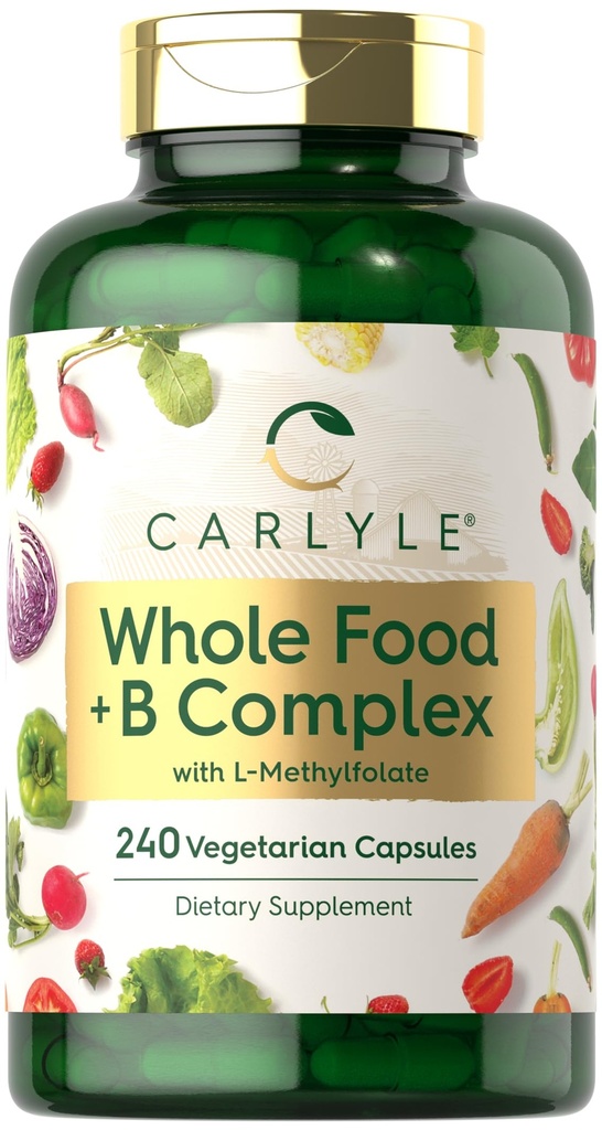 Carlyle Vitamine B Mélange complexe d'aliments entiers de 240 capsules avec B1, B2, B6, B12, Biotine, Niacine et Méthylfolate.