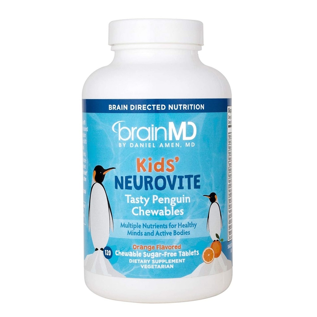 BRAINMD Dr Amen Kids.com NeuroVite, Orange Flavor - 120 pingouins en forme de croustilles - Multivitamines et suppléments minéraux - favorise un développement et une croissance sains - sans gluten - 60 portions