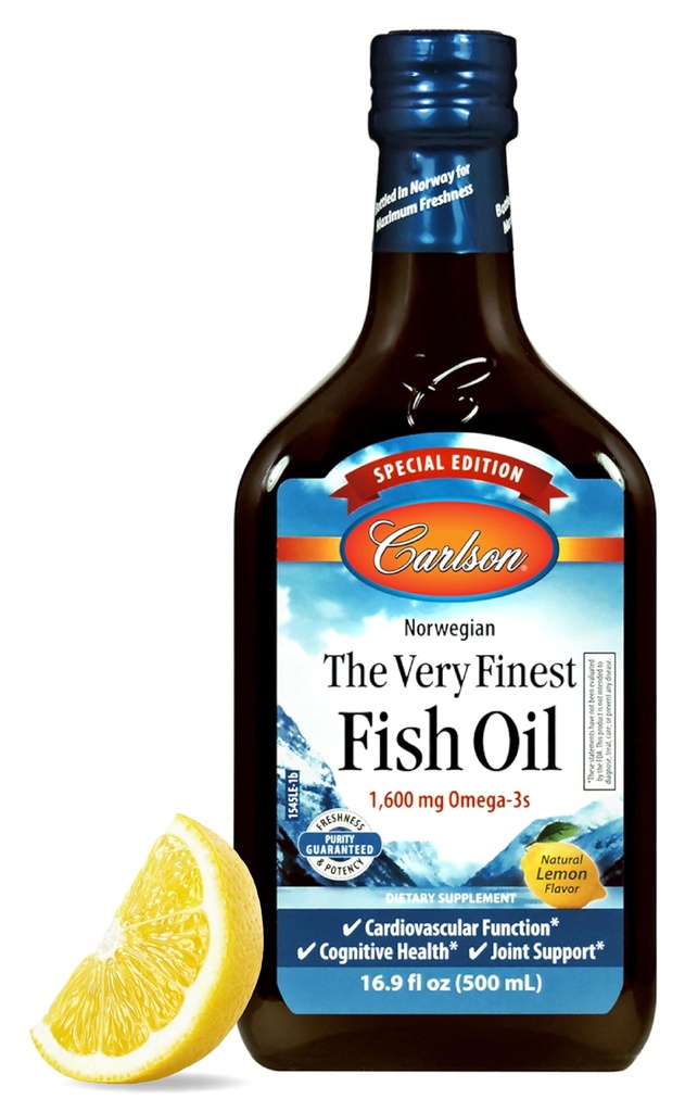 Carlson - De zeer fijnste visolie, speciale editie, 1600 mg Omega-3s, vloeibare supplement, Noorse visolie, wilde olie, duurzaam vloeibare, citroen, 500 ml (16,9 Fl Oz)