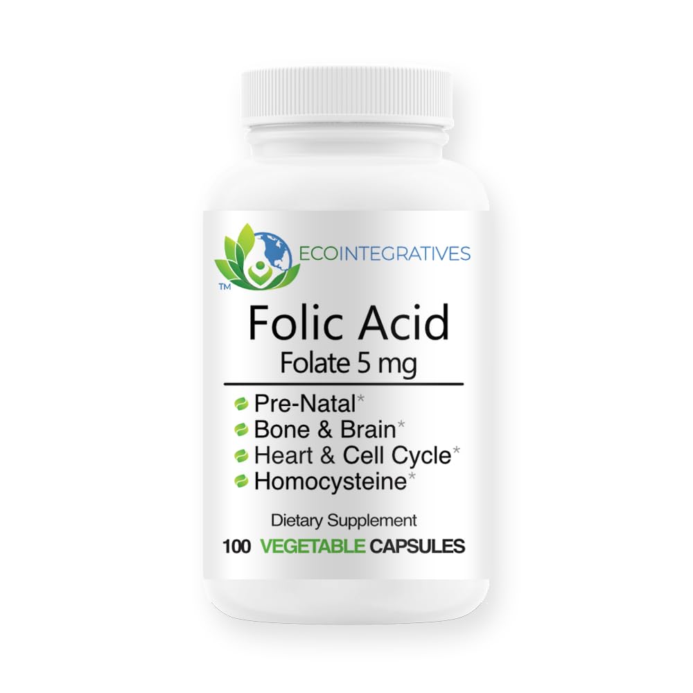 Folate d'acide folique 5mg (B9) Santé prénatale, reproductive, homocystéine, métabolisme, cardiovasculaire, os, immunosupport, sans allergène, sans OGM - 100 gélules véganes