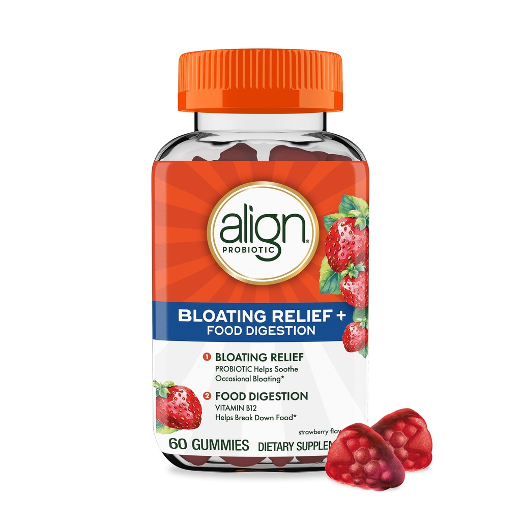 Aligner le probiotique, soulager le bloom + digestion alimentaire, probiotiques pour les femmes et les hommes, probiotique aide à apaiser le bloom occasionnel*, avec la vitamine B12 pour aider à briser les aliments en énergie cellulaire*,60 Gommies