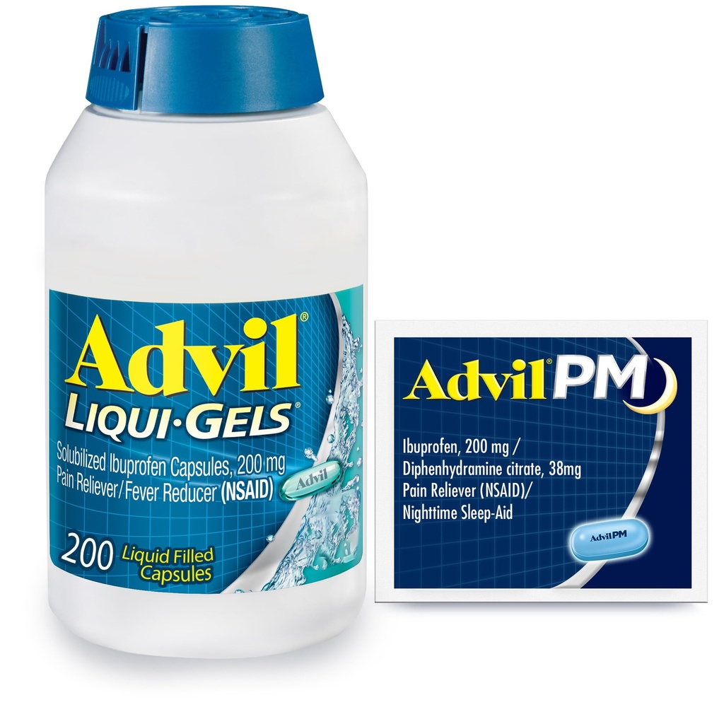 Advil Liqui-Gels pijnstiller en koortsreducer, pijnmedicijn voor volwassenen met Ibuprofen 200 mg voor hoofdpijn, rugpijn, menstruele pijn en gewrichtspijn Relief - 200 capsules, Advil PM Ibuprofen - 2 Ct