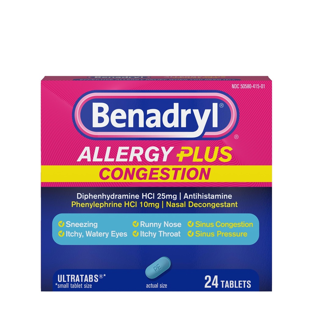 Benadryl Allergie Plus Congestie Ultratabs, Geneeskunde met Difenhydramine HCl Antihistamine & Phenylefrine HCl Nasal Decongestant, Allergie & Sinus Congestie Relief Tabletten, 24 st.