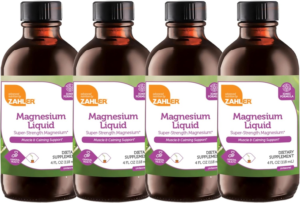 Zahler Magnesium Liquid Super-Strength Magnesium Muscle Calming Support, 4 FL OZ. Ongearomatiseerd. (4 verpakkingen)