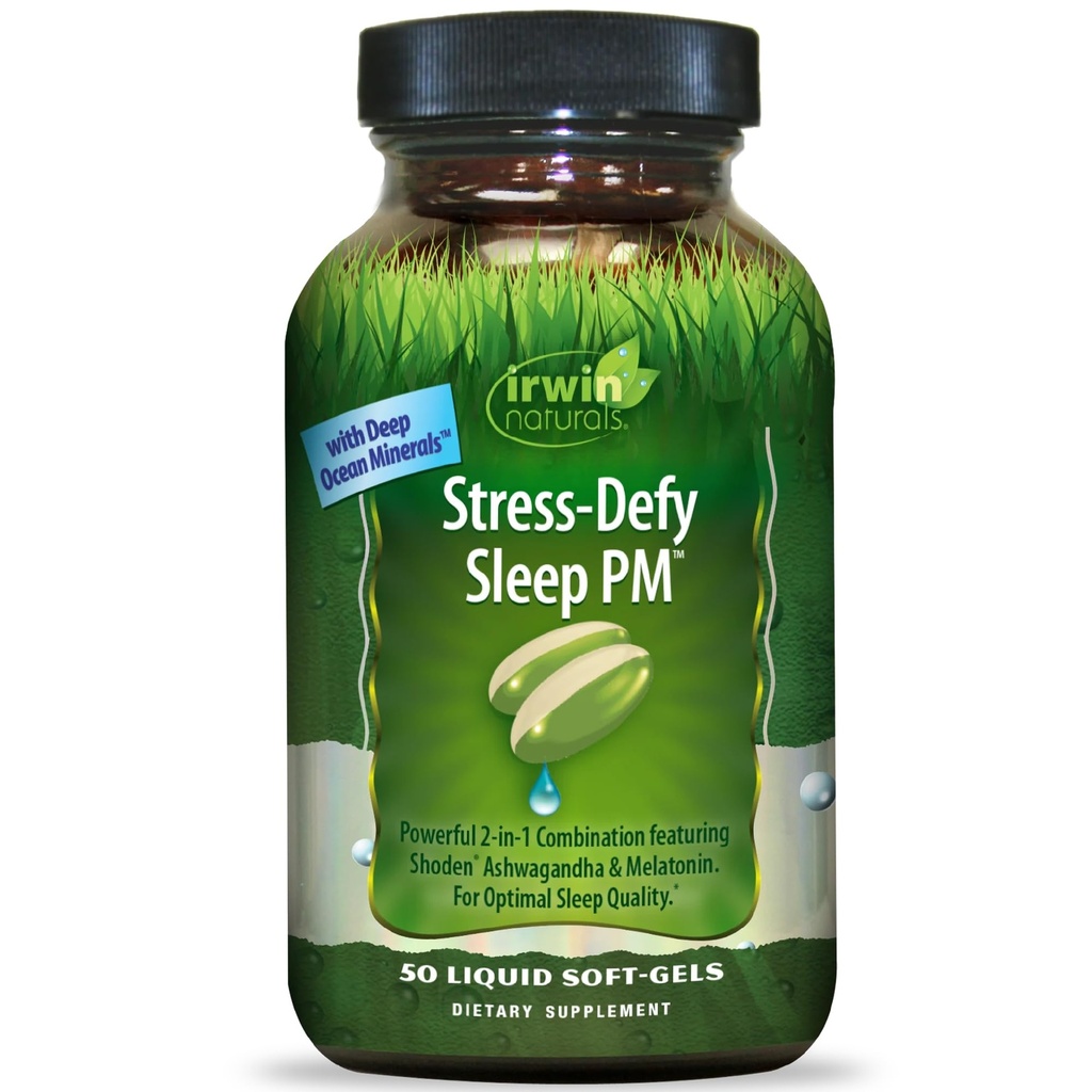 Irwin Naturals Stress-Defy Sleep PM - 50 Liquid Soft-Gels - Krachtige 2-in-1 combinatie met Ashwagandha & Melatonine - 25 porties