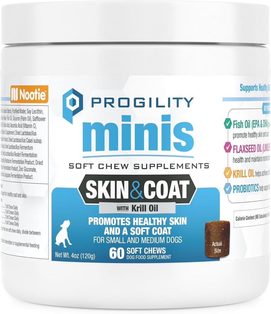 Nootie Progility Mini Skin & Coat Supplement voor kleine honden, visolie ondersteunt gezonde huid & Coat, 60 zachte kauwen per container