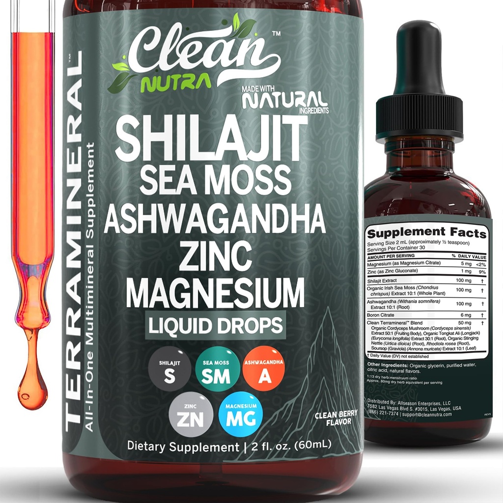 Clean Nutraceuticals Shilajit Liquid Drops with Sea Moss, Ashwagandha, Zink, Magnesium, Liquid Vitamins for Women and Men - Terra Mineral