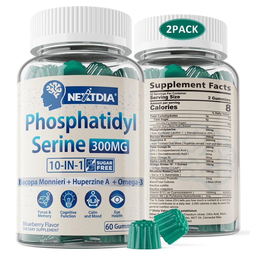 Phosphatidylsérine - Nootropic Brian Supplément, Focus & Energy Gummies+ Bacopa Monnieri, Omega 3, Huperzine A, méthyl B12 & B6 pour les aînés, les joueurs, les travailleurs, non-OGM, sans caféine, sans sucre, 2 Pack