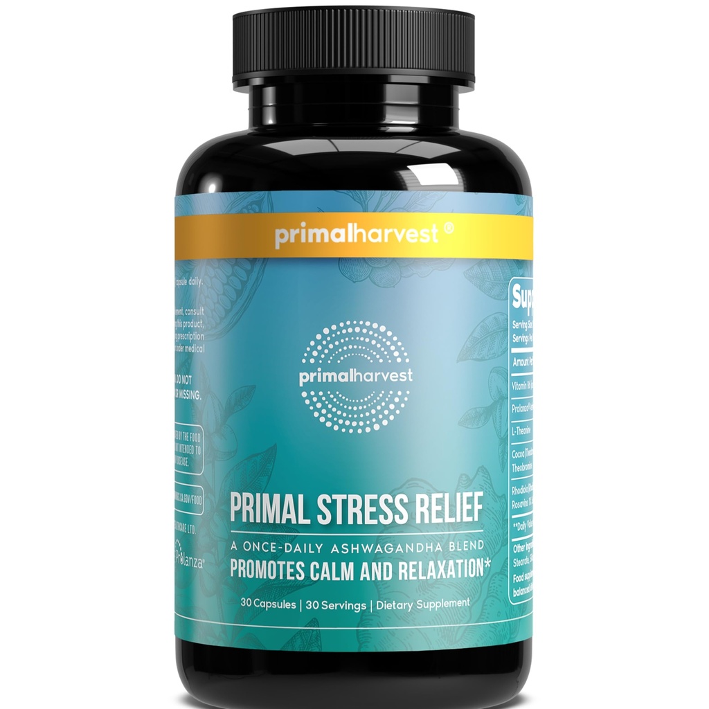 Primaire Oogst Stress Relief Supplement voor vrouwen en mannen Pure Ashwagandha Root Extract, L-Theanine Supplementen, 30 Capsules
