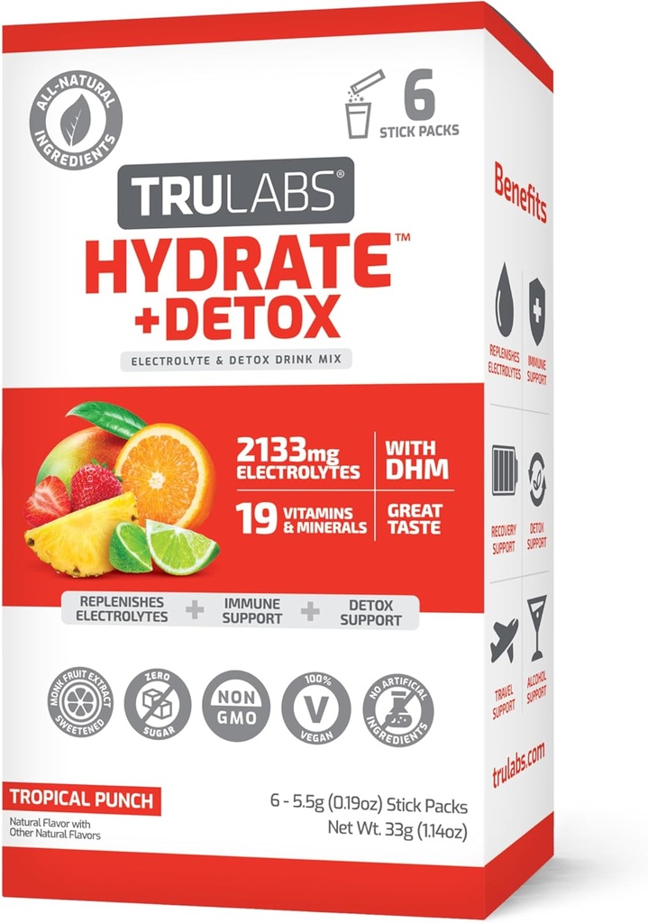 TRULABS Hydrate + Detox - Tropical Punch. Suikervrije Elektrolyten Hydration Packets. Elke portie bevat 1422 mg Elektrolyten &19 Vitaminen & Mineralen & DHM (6ct)