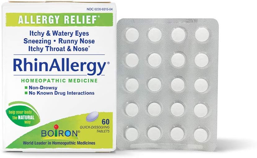 Boiron RhinAllergy Comprimés pour soulager des symptômes d'allergie de l'éternuement, du nez runny et des yeux démangeants ou de la gorge - 60 Comte