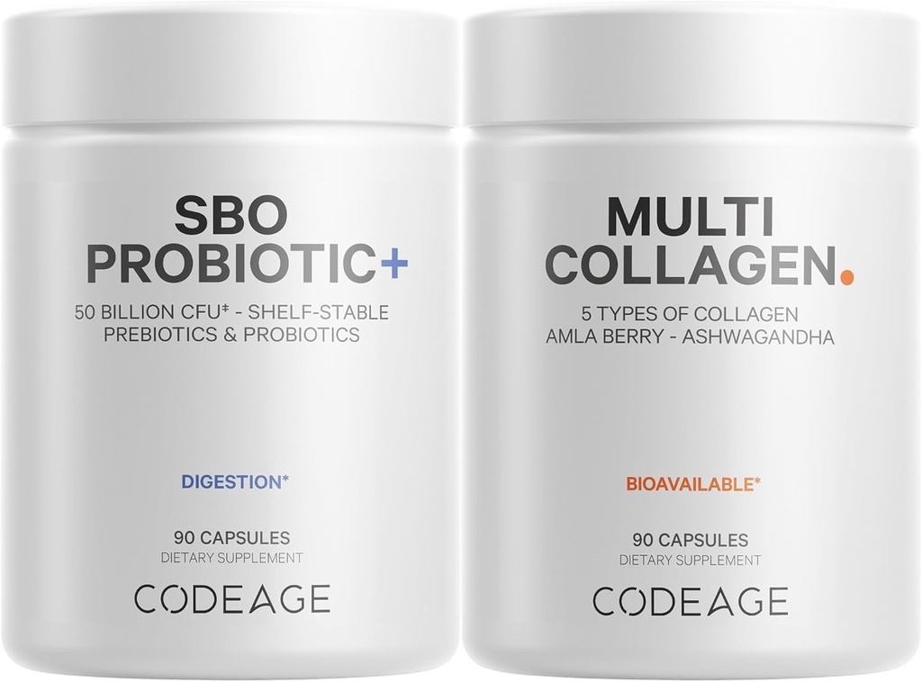 Codeage Multi Collageen Proteïne Capsules 5 Types, Ashwagandha Withania Somnifera & Organic Amla Berry + SBO Probiotic Blend 50 Miljard CFU Bundle, Lactobacillus Plantarum, Bacillus Subtilis, Non-GMO