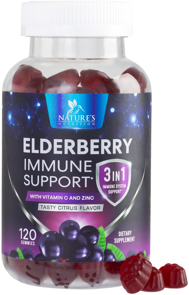 Vlierbessen Gummies met vitamine C, D3 en zink - Immune Support Gummy voor kinderen & volwassenen, Zwarte Vlierbessen Extract Gummy Immune Health Support Supplement, Zwarte Vlier Bessen Vitamine - 120 Gummies