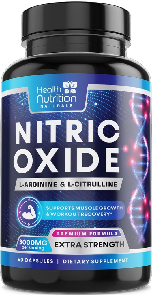 Extra sterkte Nitric Oxide Booster 3000mg - 3X L-Araginine AKG & HCI + L-Citrulline Malate - Best Muscle Support Nitric Supplement - Natural Energy, Heart Health Support Bottled USA - 60 Capsules
