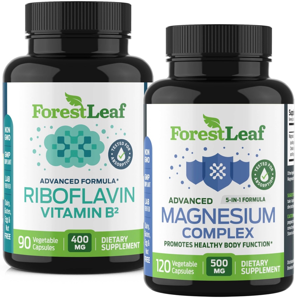 ForestLeaf Riboflavin & Supplément de migraine de magnésium - Riboflavin 400mg pour le soulagement des maux de tête - Ultimate Magnesium Bundle avec B2 Vitamine 400mg pour le soulagement des migraines