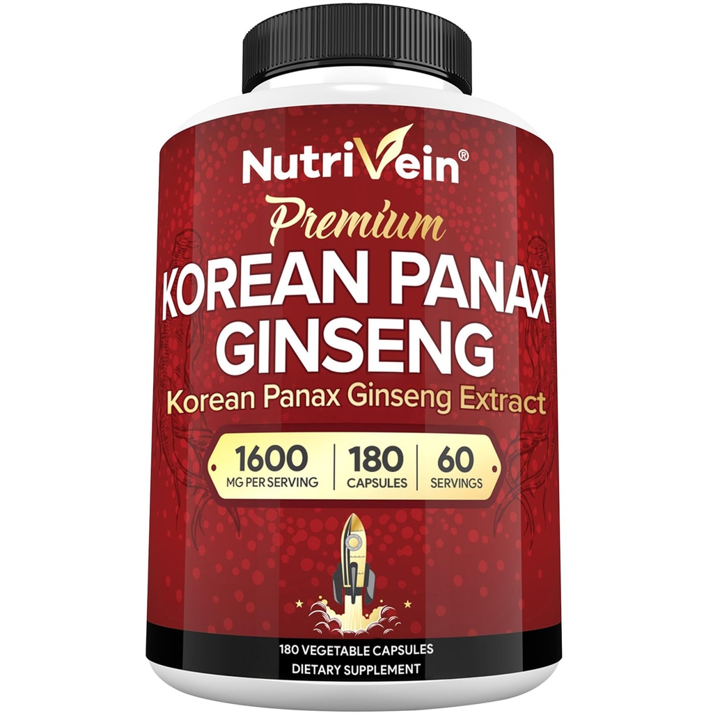 Nutrivein Korean Red Panax Ginseng 1600mg Extra sterkte Formula 180 Capsules Boost Energy, Mental Focus & Immune Health Natuurlijk