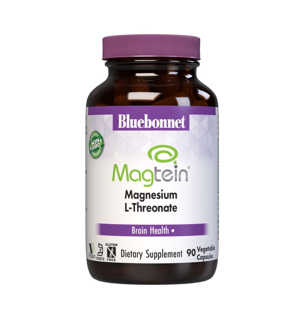 Bluebonnet Nutrition Magtein Magnesium L-Threonate, Brain Health*, Non-GMO, Vegan, Kosher Certified, Gluten-Free, Soy-Free, 90 Vegetable Capsules, 30 Servings