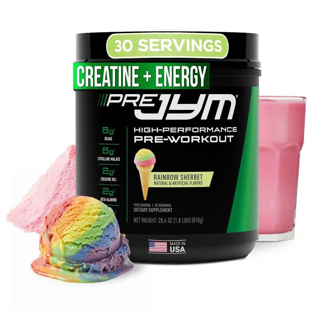 Supplément JYM Science Pre JYM Rainbow Sherbet Pre Workout Poudre pour hommes et femmes, BCAA, Nootropics, Creatine HCI, Citrulline, Beta-Alanine, Betaine, Taurine, Huperzine, 30 portions