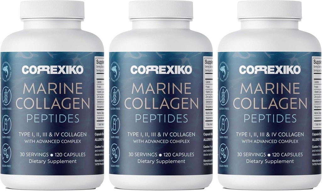 CORRIXIKO Marine Collageen Supplement Pillen - 1800mg Gehydrolyseerde Collageen Peptiden per Serveren met Toegevoegd Hyaluronzuur, Vitamine C & Minerals - voor haar, huid & Nails - 360 Capsules 3 maanden Levering