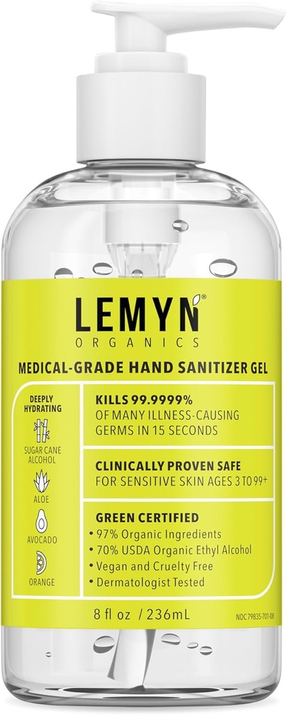 Gel d'assainissement à la main de qualité médicale – 97 % biologique , 70 % USP Alcool éthylique , hydratant Aloe + acide hyaluronique , fraîchement fabriqué aux États-Unis , 8oz bouteille avec pompe
