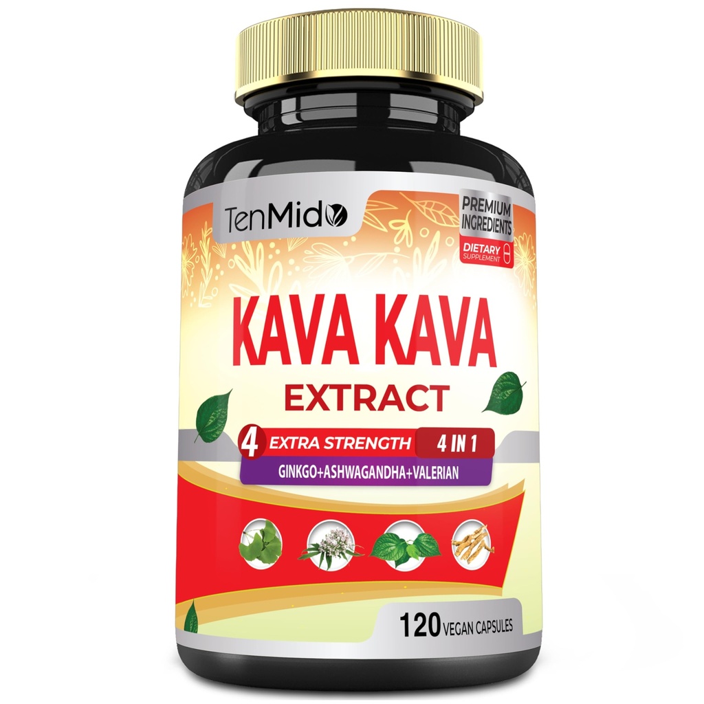 Kava Kava Supplement Extract Capsules, 4 maanden Levering met Ginkgo, Ashwagandha, Valeriaan- Ontspanning Ondersteunt supplement- 120 Vegan Capsules