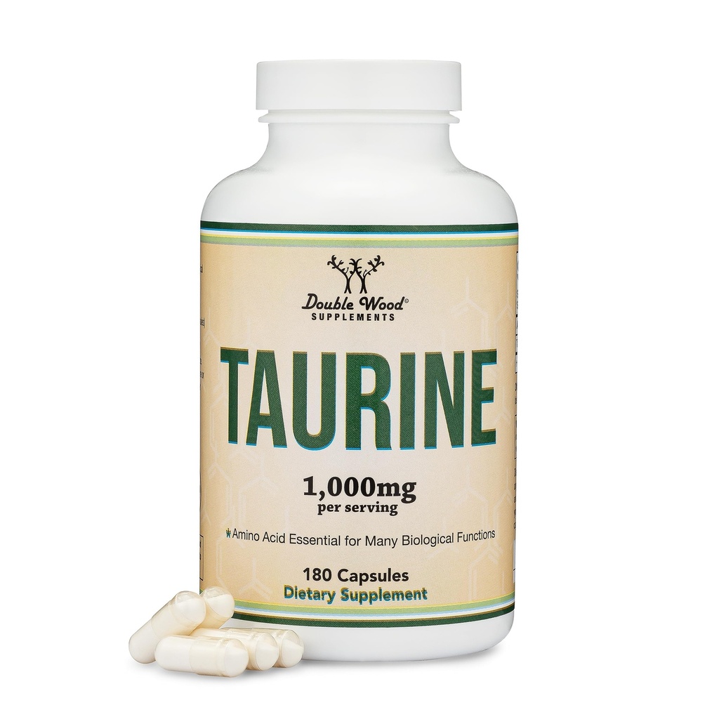 Taurine Supplement 1000mg Per Serving, 180 Capsules - Aminozuur Studeerde ter ondersteuning van een langere, gezondere leven (Taurina) Veganistisch veilig, Glutenvrij, Non-GMO door Dubbel Hout