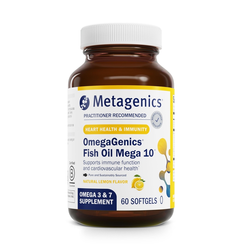 Metagenics OmegaGenics Mega 10 Omega Supplement- with Omega-7, 330 mg EPA & 170 mg DHA for Heart Health*- Sustainablely Sourced & No Fishy Aftersmaak - Non-GMO & Gluten-Free - 60 Softgels