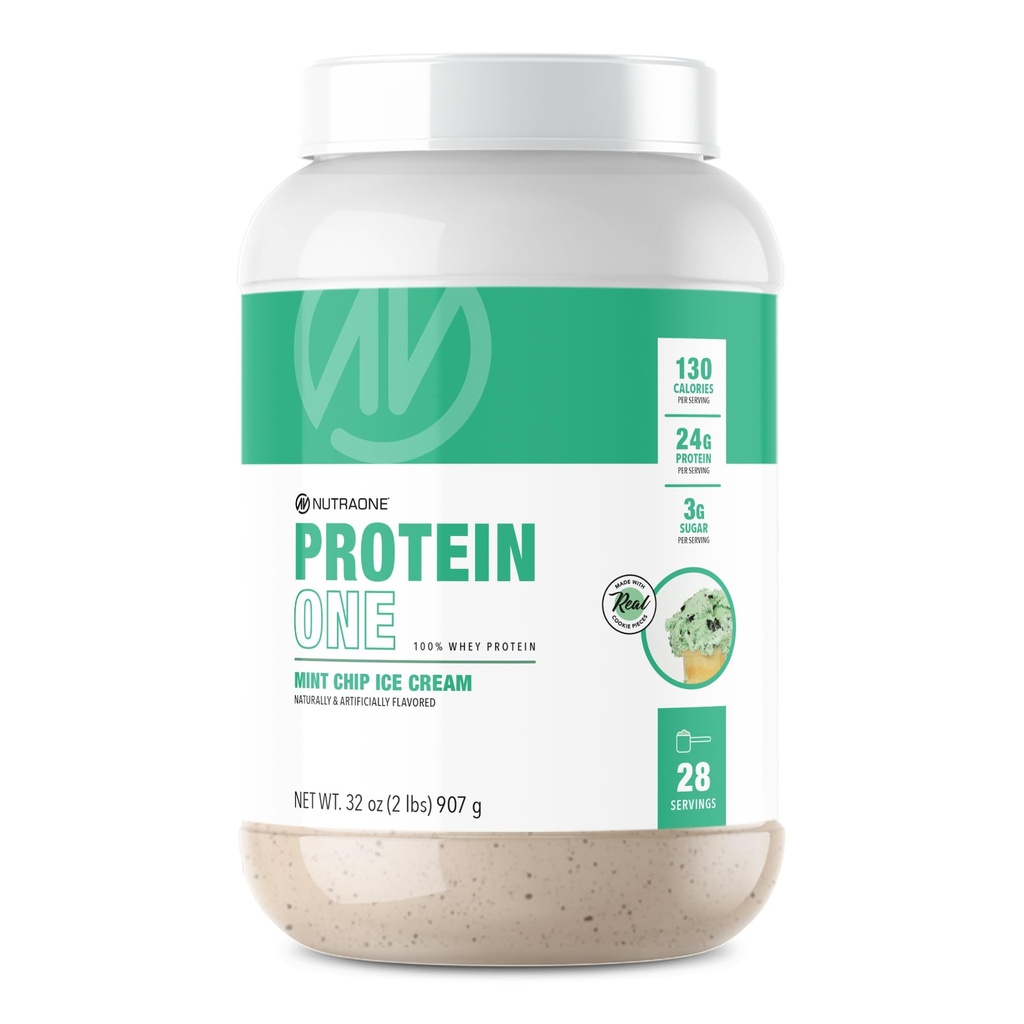 NutraOne ProteinOne Whey Protein favorise la récupération et construire un muscle avec une poudre à agiter de protéines pour les hommes et les femmes (crème glacée à croustilles de menthe, 2 LB)