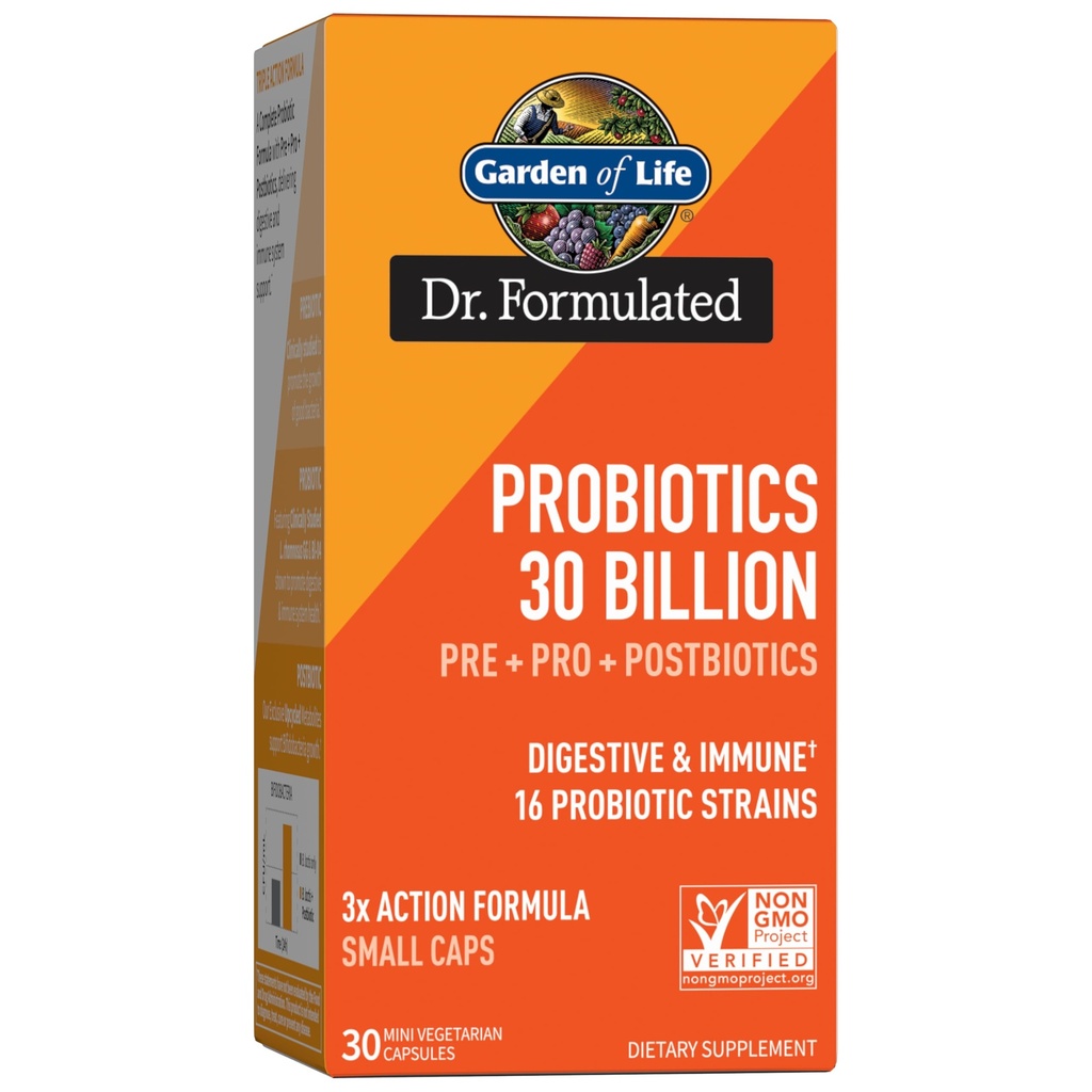 Garden of Life Dr Geformuleerde Probiotica 30 miljard CFU Pre + Pro + Postbiotica voor mannen en vrouwen Digestieve en Immune Support, Aardappel, Acacia, Postbiotische Metabolieten, 30 Mini Vegetarische Capsules