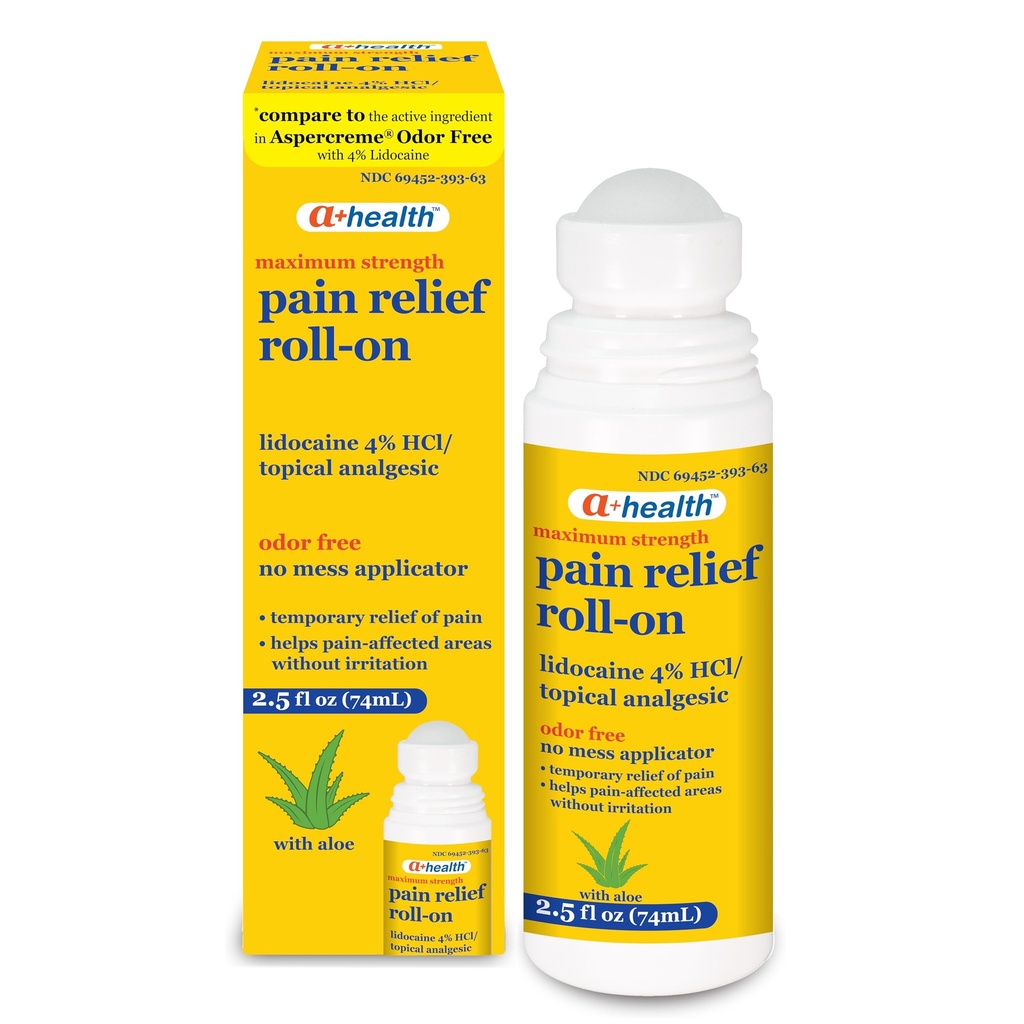 A+Health Pain Relief Roll-On Liquid, Lidocaine 4%, Odor Free, Maximale sterkte pijn + jeuk Relief met Aloë, Made in USA, 2,5 fl Ounces